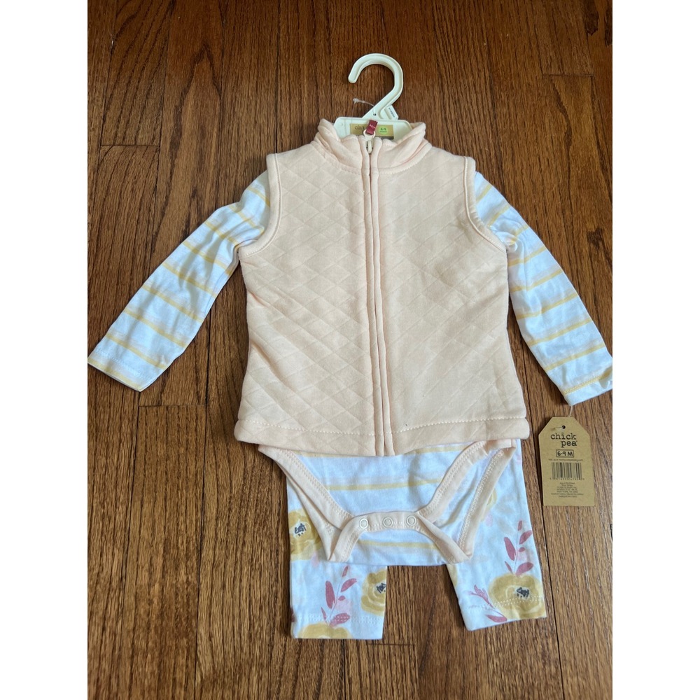 NEW Chick Pea 3pc Vest Set Baby Girls 6-9M Peach Quilted Vest Bodysuit Leggings